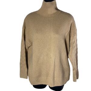 Gentle herd tan knit turtleneck sweater cashmere wool cable knit sleeve